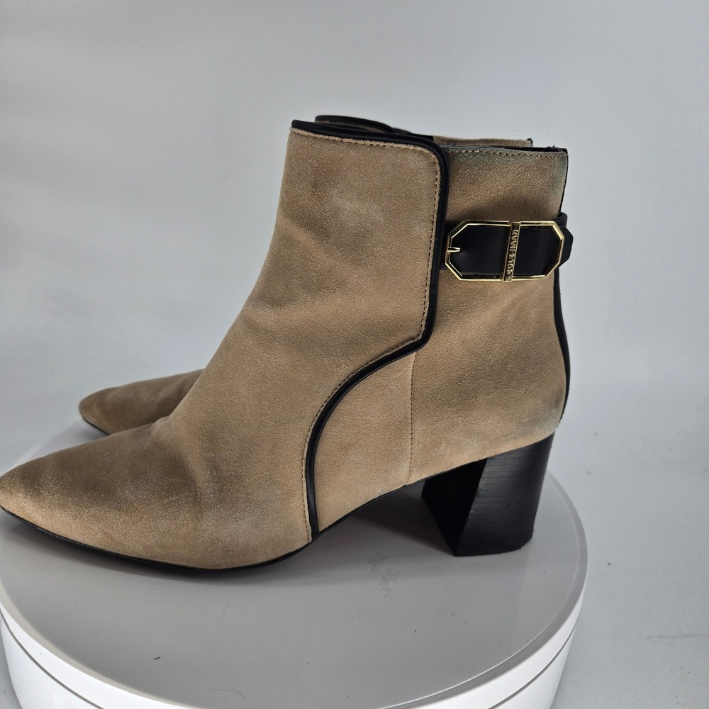 Cole Haan Grand Ambition Tan Suede Black Leather Trim Buckle Booties W23017 8.5B